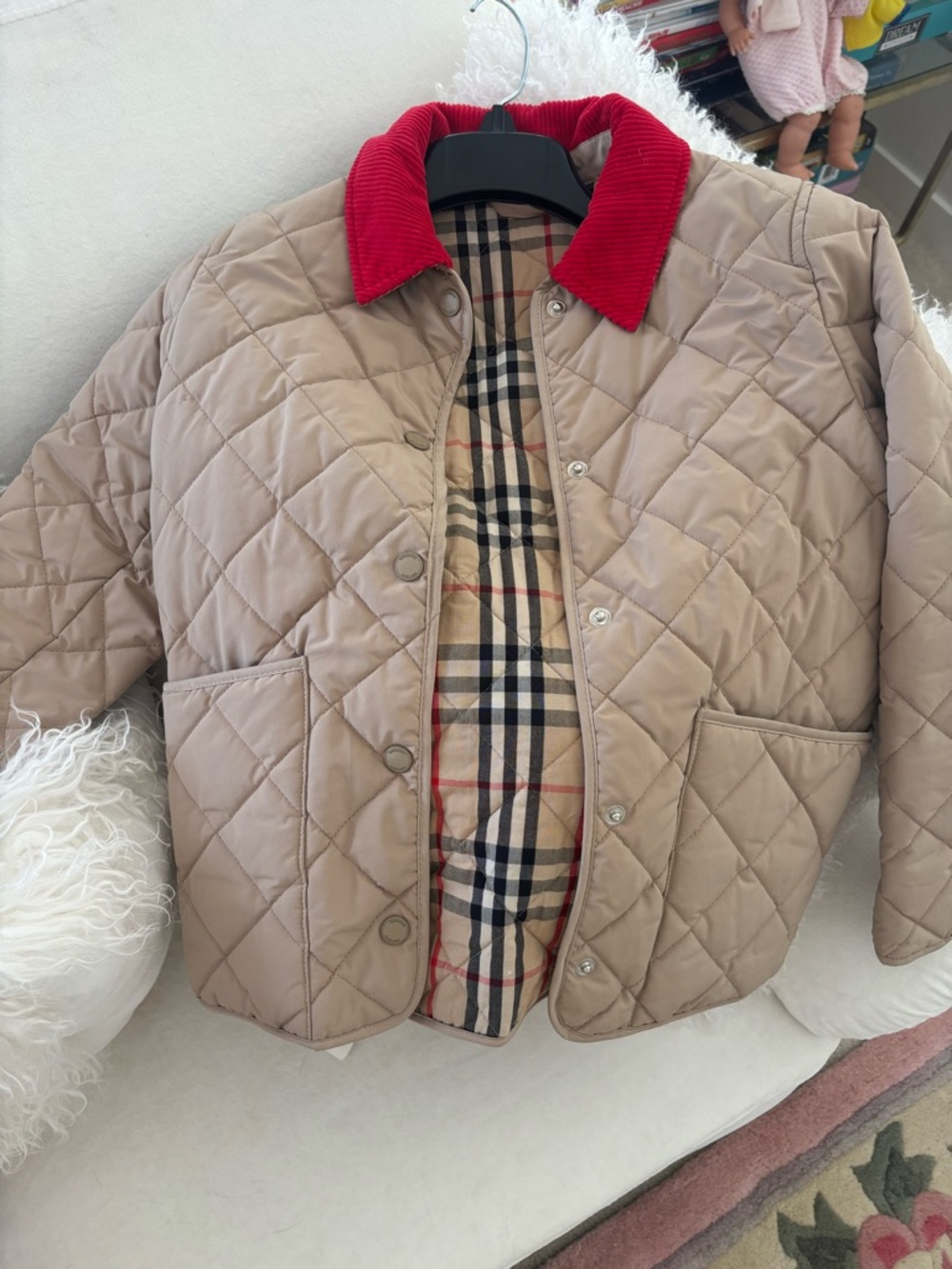 Burberry Tan Quilted Jacket with Red Corduroy Collar